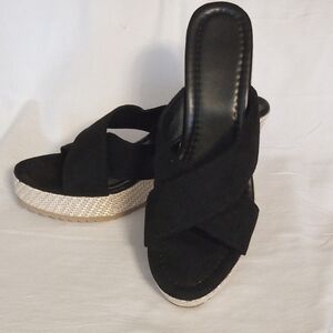 Chic Black and Cream Wedge Shoes with Crisscross Straps
